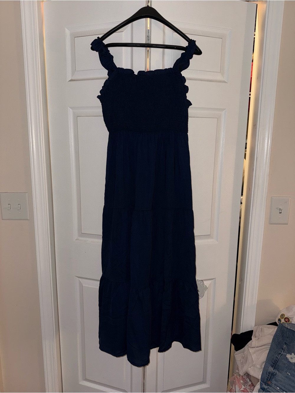 Navy Smocked Ruffle Strap Maxi Dress